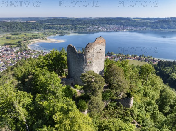 Aerial view of Lake Constance with the ruins of Altbodman, Bodman-Ludwigshafen, district of Constance, Baden-Württemberg, Germany, Europe