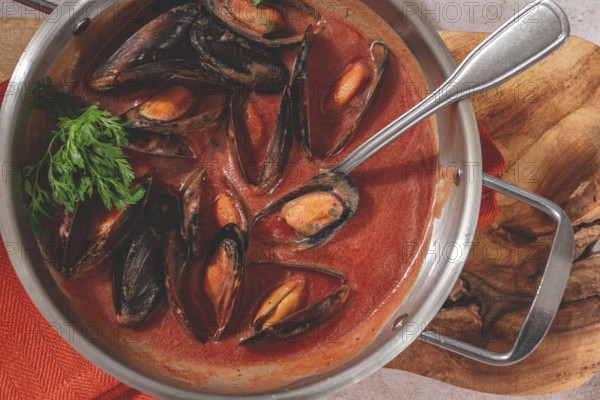 Mussels in tomato sauce, in a silver dish, on a wooden board, rustic style, no people, top view