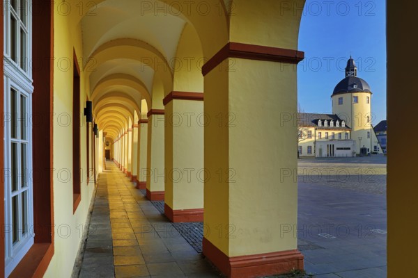 Lower Castle, arcade in the Corps de Logis and view of the Fat Tower with Castle Square, Siegen, North Rhine-Westphalia, Germany, Europe