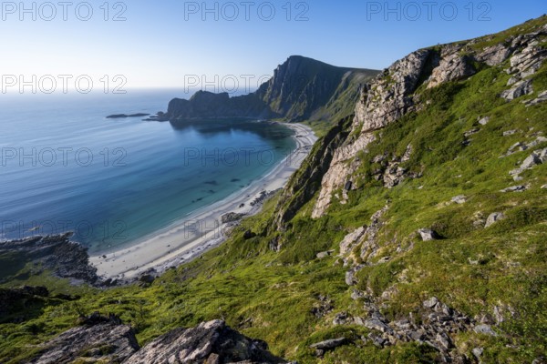 View of coastal landscape, cliffs with peak Måtind or Måtinden, Høyvika beach and sea, hike to the peak of Måtind, Andøya island, Vesterålen, Nordland, Norway, Europe