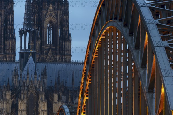 Cologne Cathedral and the Hohenzollern Bridge illuminated with LED lights, Cologne, North Rhine-Westphalia, Germany, Europe