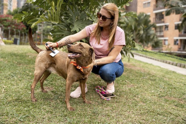 A middle-aged woman wearing sunglasses brushes her dog, enjoying a break in the park