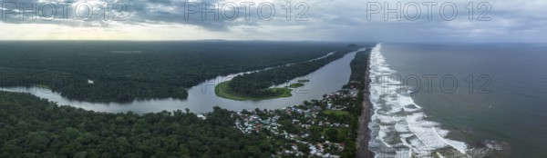 Aerial view, beach and sea, coast with rainforest, Tortuguero National Park, Costa Rica, Central America