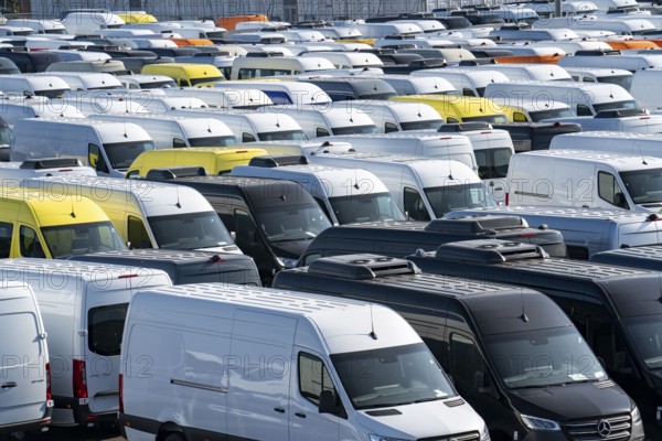 Car terminal in the inland port Logport I, in Duisburg on the Rhine, vehicle handling of new cars, vans, Mercedes-Benz Sprinter, storage space, North Rhine-Westphalia, Germany, Europe