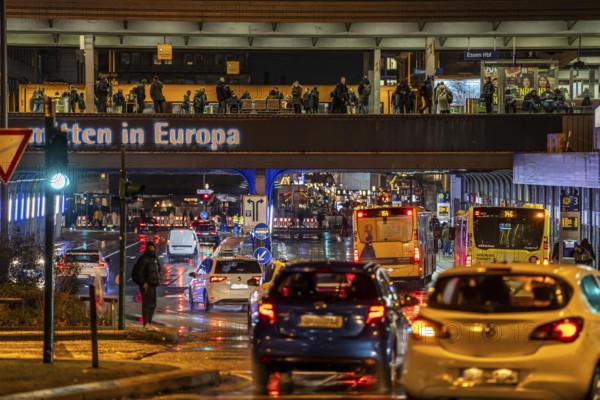 Central station in the city centre of Essen, dense traffic, local train, bus station, local buses, North Rhine-Westphalia, Germany, Europe