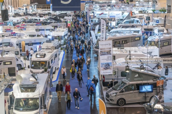 Travel and camping fair, caravans, motorhomes and everything to do with camping, travelling, tourism, are shown in the Essen exhibition halls, motorhomes in Hall 3, public fair, North Rhine-Westphalia, Germany, Europe