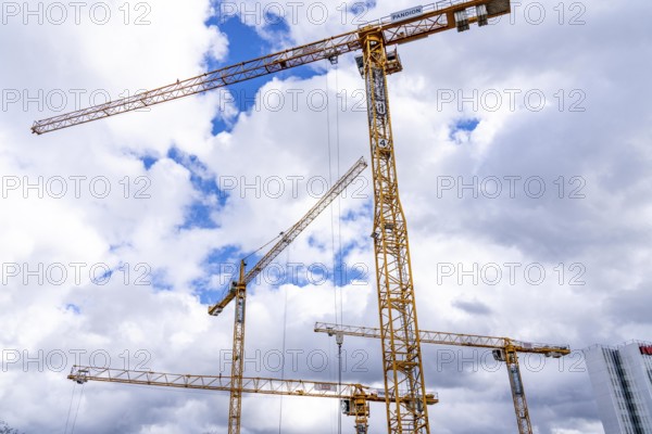 Construction cranes, on a large construction site in Düsseldorf, construction of condominium in the PANDION NEXT project, North Rhine-Westphalia, Germany, Europe