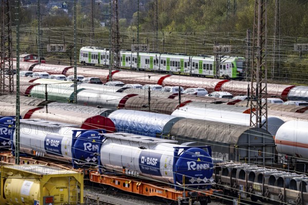 The Hagen-Vorhalle marshalling yard, one of the 9 largest in Germany, is located on the Wuppertal-Dortmund railway line and has 40 directional tracks on which goods trains are assembled, North Rhine-Westphalia, Germany, Europe
