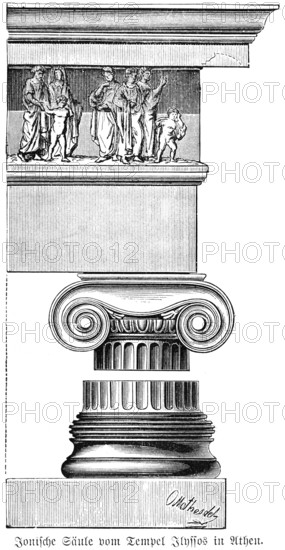 Ionic column, depiction of people, woman, men, ancient Greeks, historical illustration ca. 1890