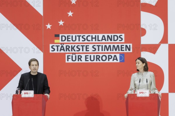 Kevin Kuehnert, SPD Secretary-General, and Katarina Barley, SPD lead candidate for the 2024 European elections, at a press conference following the SPD Presidium meeting after the European elections at the Willy Brandt House in Berlin, 10 June 2024