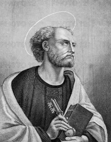 Portrait of St Peter, looking towards heaven, halo, Christian symbol key, New Testament, Bible, historical illustration 1854