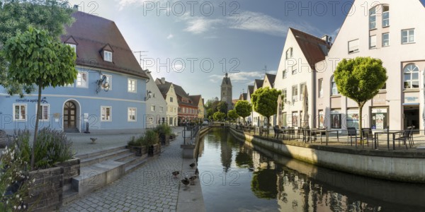 Stadtbach, behind it Our Lady's Church, Memmingen, Allgäu, Bavaria, Germany, Europe