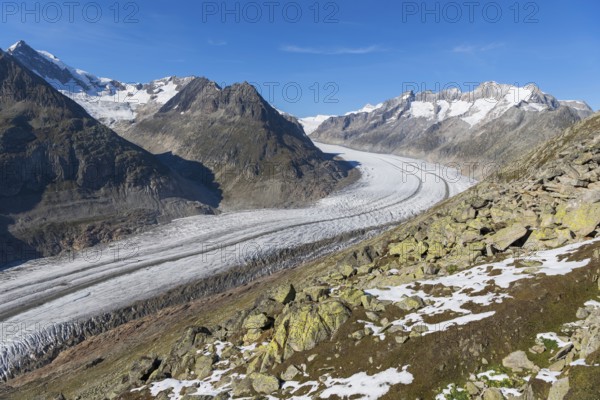 Aletsch glacier, glacier tongue, panorama, climate change, decline, global warming, ice, global climate, tourism, Aletsch Arena, Valais, Switzerland, Europe