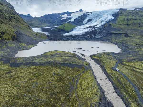 Aerial view of glacier Falljökull, a glacier tongue of Vatnajökull glacier, glacial lake, Iceland, Europe
