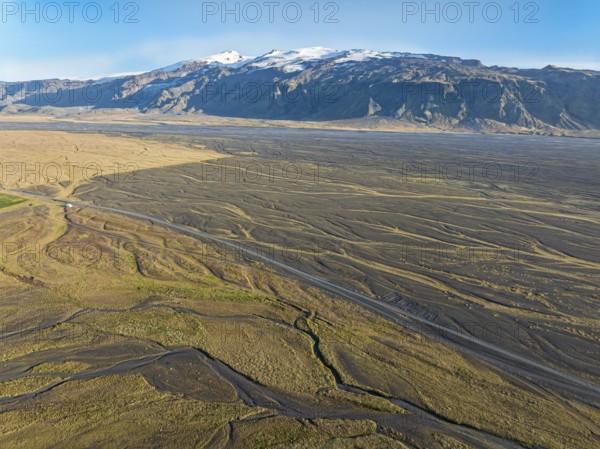 Wide valley of the Markarfljot river, glacier Eyjafjallajökull, Fljotsdalur valley, mountain road F261, aerial view, Iceland, Europe