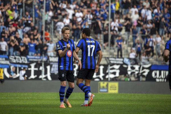 06.04.2024, Football 3rd division, Season 2023/24, Matchday 32: Waldhof Mannheim vs SpVgg Unterhaching (6:1) . Celebration after the 1:1 through Samuel Abifade