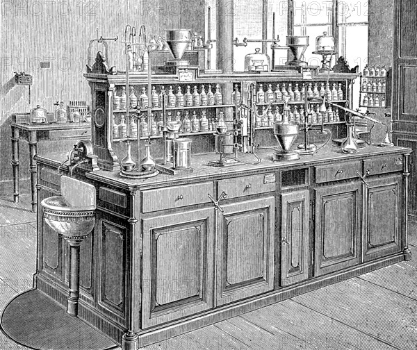 A worktable from the laboratory in Leipzig, Germany, in 1870, historical, digital reproduction of an original 19th century model, Europe
