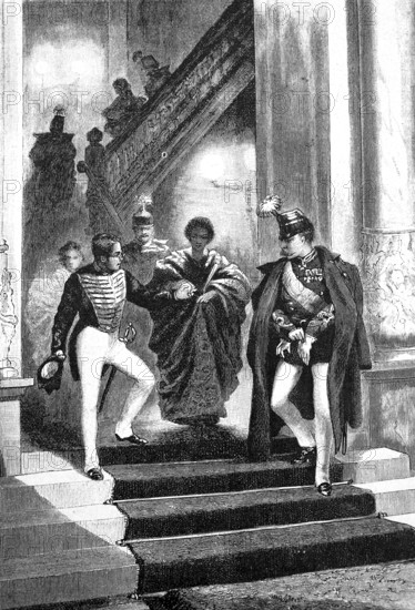 Akihito, Prince of Komatzu, and his wife Princess Arima at the Hotel Kaiserhof in Berlin, Germany, circa 1880, Historical, digital reproduction of an original from the 19th century, Europe