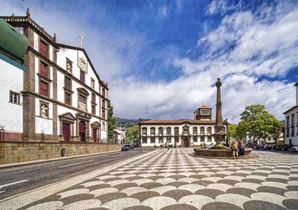 Town Hall and fountain at Praca do Municipio, Church of São João Evangelista, Igreja do Colégio, Jesuit College, Jesuit Church, Funchal, Madeira, Portugal, Europe
