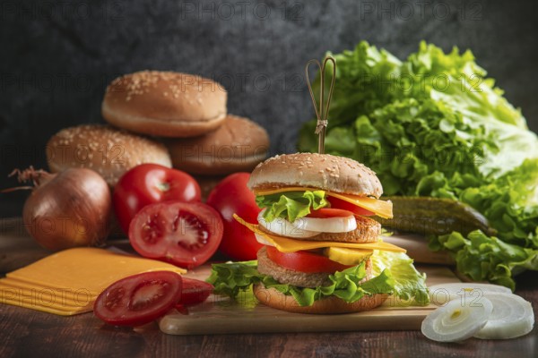 A burger with fresh vegetables on a rustic board with ingredients in the background