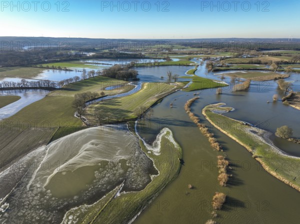 Haltern am See, North Rhine-Westphalia, Germany, floods on the Lippe, river in the Ruhr area, the fields, the agricultural land of the farmers next to the watercourse are flooded, serve as retention areas, flood areas for flood protection, Europe