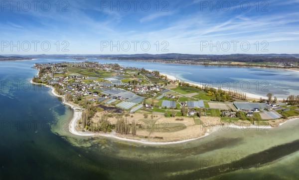 Aerial view, panorama of the island of Reichenau at low tide and spring-like vegetation, Lake Constance, district of Constance, Baden-Württemberg, Germany, Europe