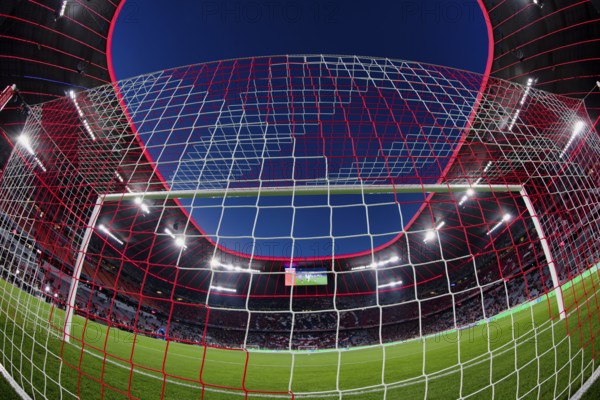 Overview, interior, floodlit match, behind-the-goal perspective, goal net, blue hour, fisheye shot, Champions League, Allianz Arena, Munich, Bavaria, Germany, Europe