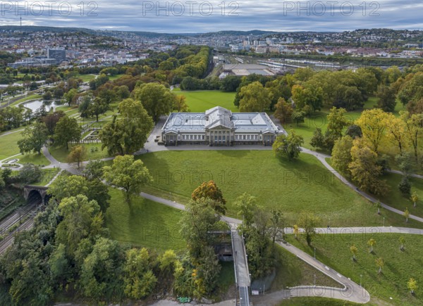 Rosenstein Castle with Natural History Museum, drone photo of Rosenstein Park with a view of the city centre of Stuttgart, Baden-Württemberg, Germany, Europe