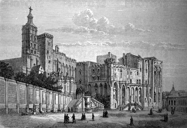 The Palace of the Popes in Avignon, France, in 1883, Historical, digital reproduction of an original from the 19th century, Europe