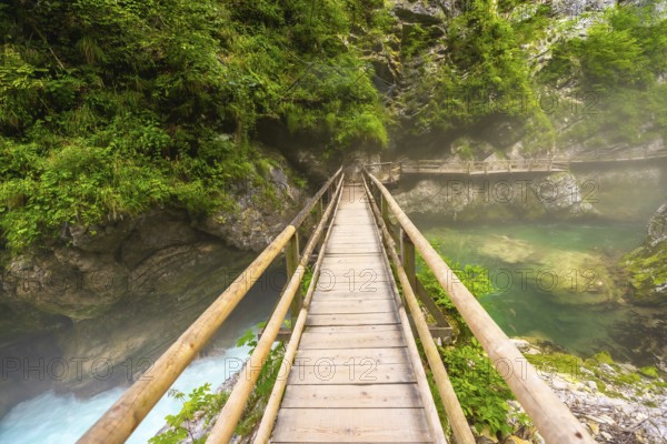 Scenic view of a wooden footbridge spanning a crystal clear emerald river flowing through the picturesque vintgar gorge near bled, slovenia