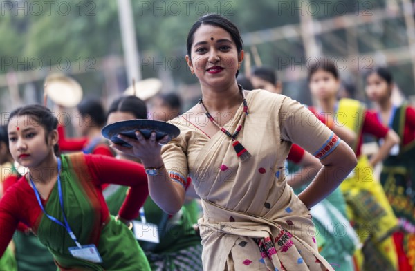 Participants with instructor dance in a Bihu dance workshop ahead of Rongali Bihu Festival, in Guwahati, India on 6 April 2025