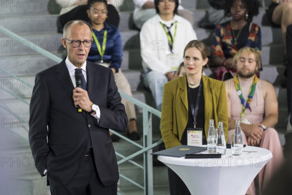 Friedrich Merz (CDU), Chancellor of the Federal Republic of Germany, at the opening statement for the discussion with the multilateral youth camp Youth4Peace in the Federal Chancellery, Berlin, 8 May 2025
