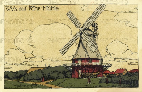 Historical postcard, picture postcard, mill in Wyk auf Föhr, North Frisia, Schleswig-Holstein, Germany, digitally enhanced reproduction of an original from around 1900, picture postcard, Europe