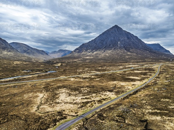 Mountains and Moors over Buachaille Etive Mòr from a drone, The Buachaille, Glen Etive, Highlands, Scotland, United Kingdom, Europe
