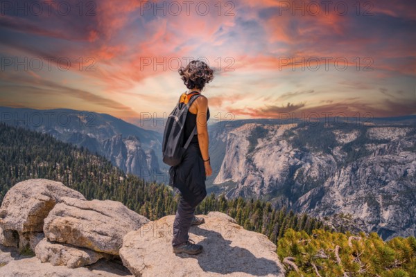 A young woman trekking at Sentinel Dome Lookout in Yosemite National Park looking at El Capitan Mountain. United States