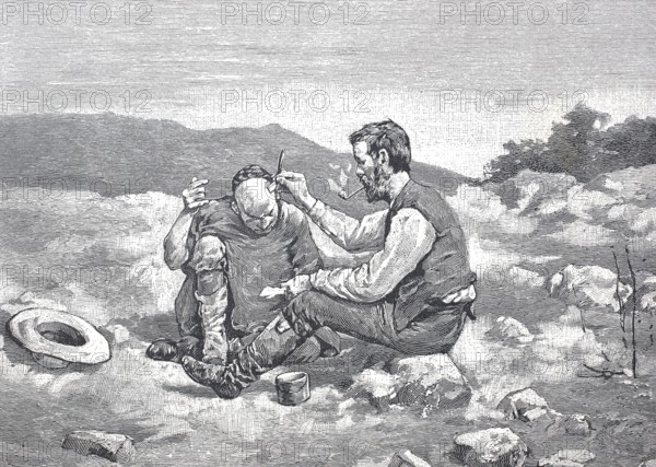 Open-air shaving and barber shop, barber, in California during the gold rush era, 1850, USA, Reproduction of an original, around 1900, historical, Two men in a stony field, one being assisted in shaving. The surroundings are rural and rough, North America