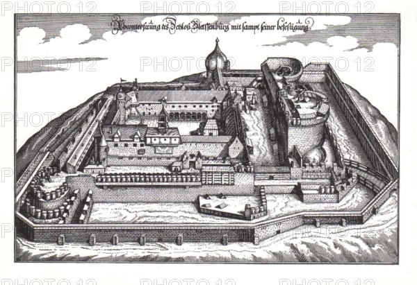 The Plassenburg in Kulmbach in the 16th century, Merian, Upper Franconia, Bavaria, Germany, reproduction from a model from that time, historical, digitally enhanced, Europe