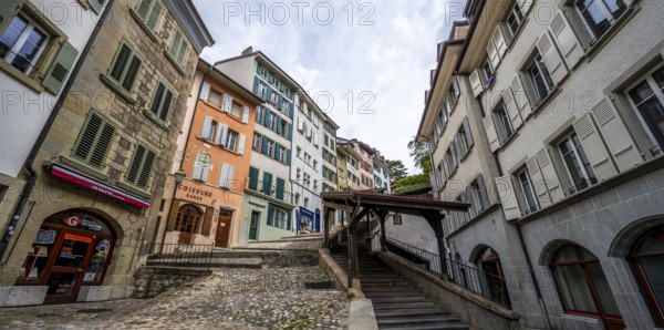 Covered staircase Escaliers du Marché and historic houses in the old town, Lausanne, Vaud, Switzerland, Europe