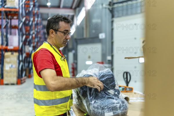 Three quarter length photo of a mature man in waistcoat organizing and taking inventory of objects in a warehouse