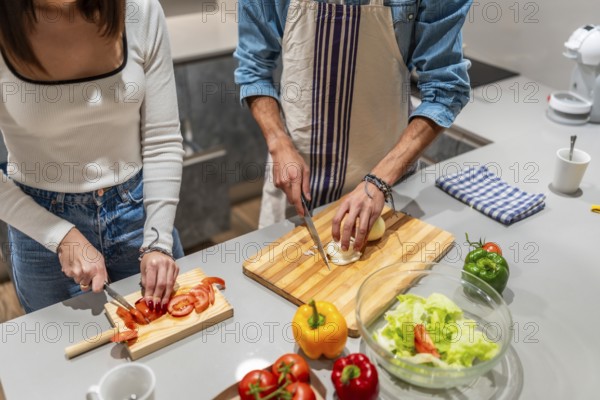 Young couple slicing fresh vegetables on wooden cutting boards, preparing a healthy salad together in a modern kitchen