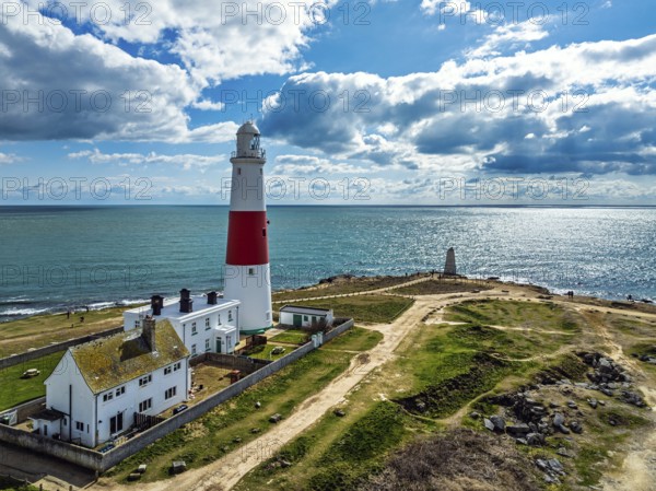 Portland Bill Lighthouse from a drone, Portland Bill, Isle of Portland, Dorset, England, United Kingdom, Europe