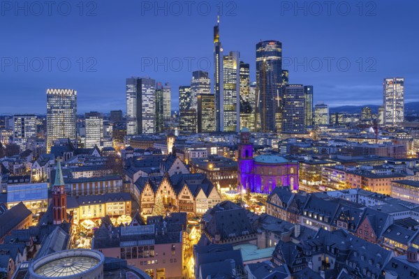 St Paul's Church in Frankfurt am Main will be illuminated in blue in the middle of the Christmas market on 10 December 2024, International Human Rights Day. This commemorates the declaration of the UN Human Rights Charter of 10 December 1948. Frankfurt am Main, Römerberg, Hesse, Germany, Europe