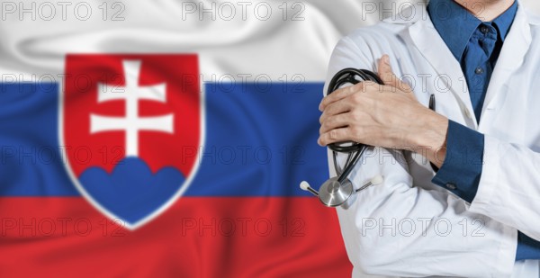 Doctor with stethoscope on Slovakia flag. Doctor holding stethoscope on Slovakia flag