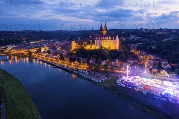 Albrechtsburg Castle and hustle and bustle on the Elbe for the wine festival, night shot from above, Meissen, Saxony, Germany, Europe