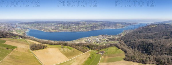Aerial view, panorama from Thurgauer Seerücken over western Lake Constance, Untersee, also known as Lake Rhine, which flows into the Rhine at Stein am Rhein on the left, on the horizon the German peninsula Höri, on the far right on the horizon the island of Reichenau, district of Constance, Baden-Württemberg, Germany, Europe