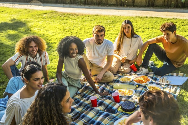 Multi-ethnic friends enjoying nature sitting on picnic blanket drinking beverages and eating snacks during picnic in a park