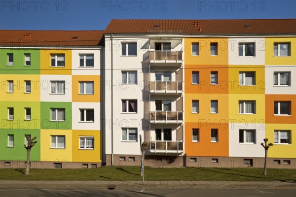 Geometrically and colourfully designed apartment buildings of a housing association, Halberstadt, Saxony-Anhalt, Germany, Europe