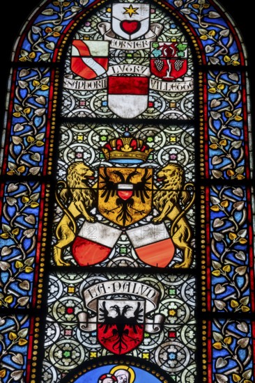Colourful stained glass windows, Notre-Dame Cathedral, former episcopal church of the diocese of Lausanne, today the main reformed church of the city of Lausanne, canton of Vaud, Switzerland, Europe