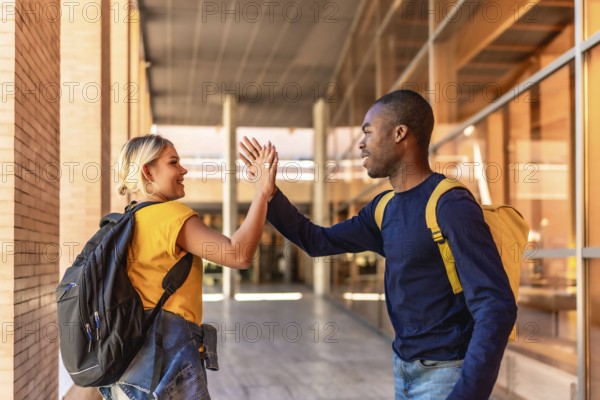 Multi-ethnic caucasian female and african male students high-fiving at the university