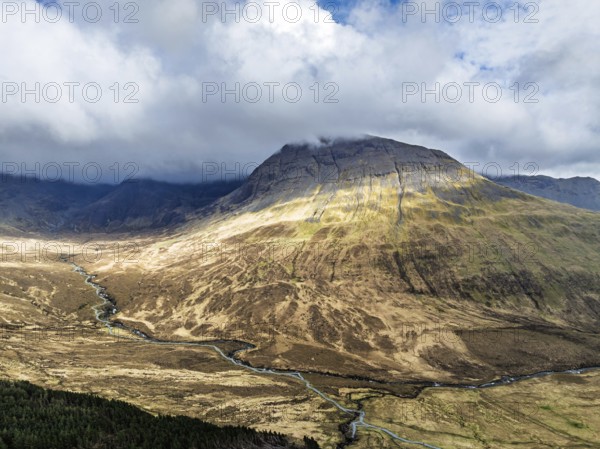 Fairy Pools and Waterfalls from a drone, Glen Brittle, Black Cuillin, Isle of Skye, Scotland, England, United Kingdom, Europe